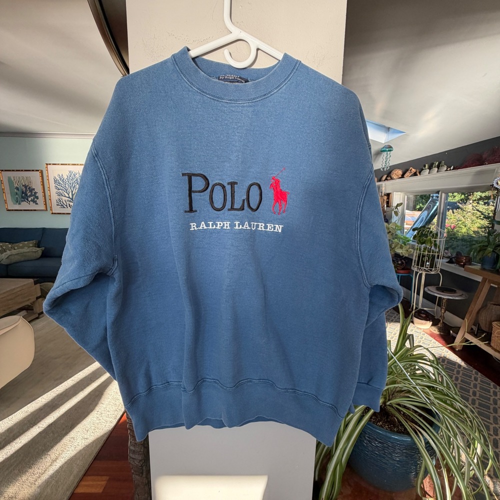 Polo Ralph Lauren Sweatshirt Mens L Blue Good Vintage 90s Big Logo Crewneck USA